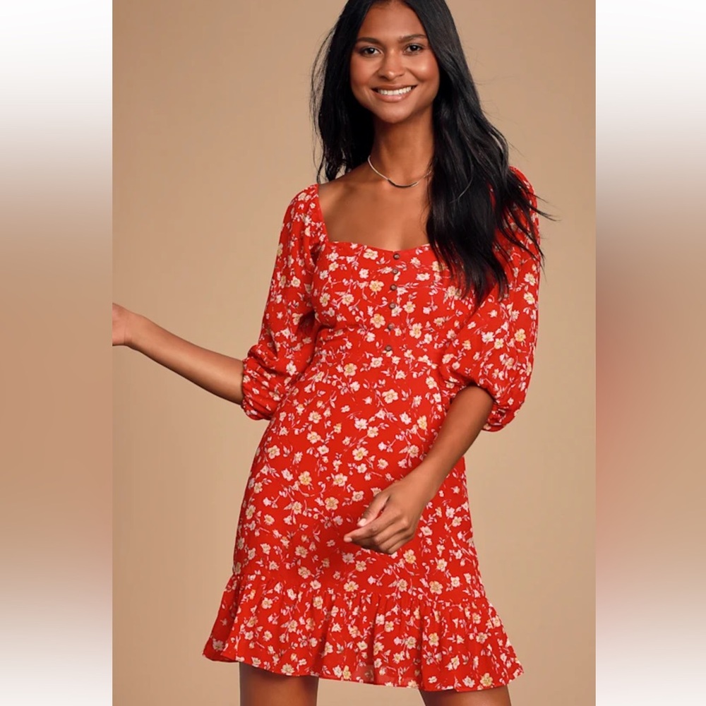 Lulus Trixiebelle Red Floral Print Puff Sleeve Dress M